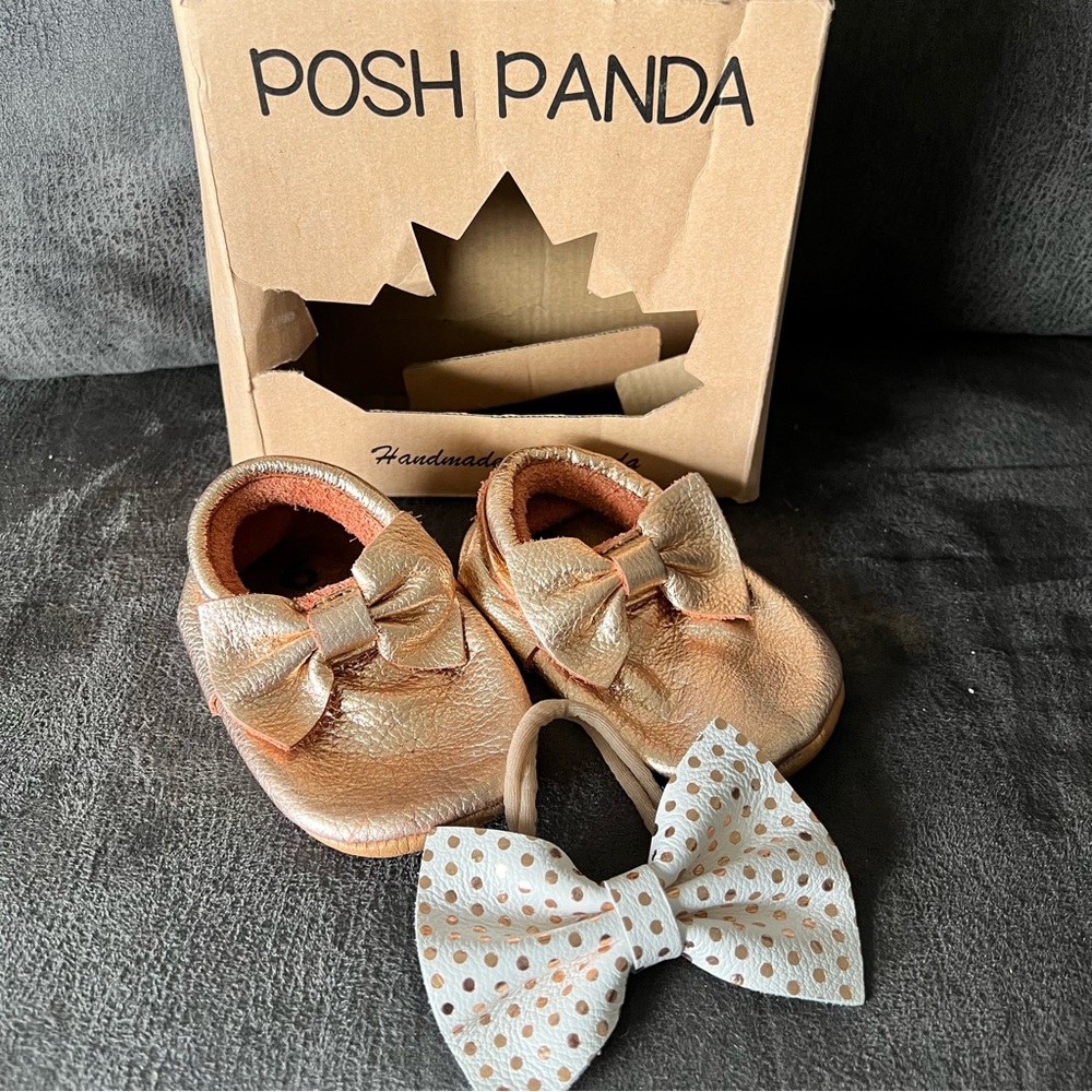 Posh Panda Rose Gold Baby Slipper with Bow & Matching Headband